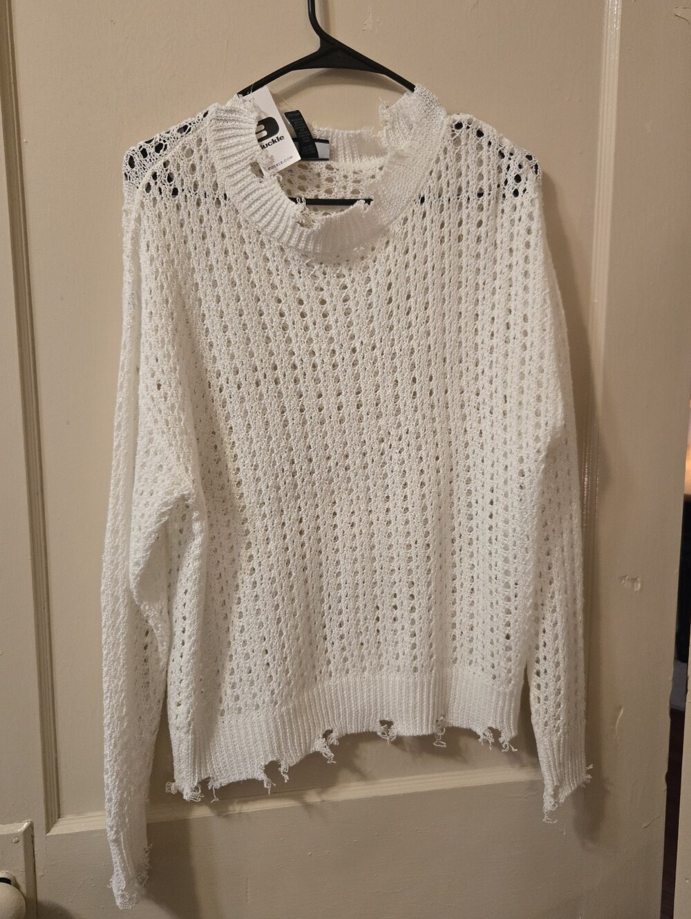 Buckle White Open-Knit Distressed Crewneck Sweater